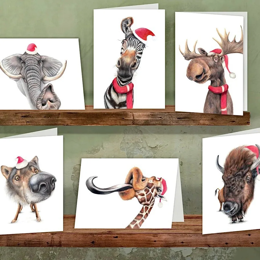 

12Pcs Christmas Printed Animal Greeting Cards Interesting Cardstock Note Card Realistic Animal Patters Blessing Festivals Cards