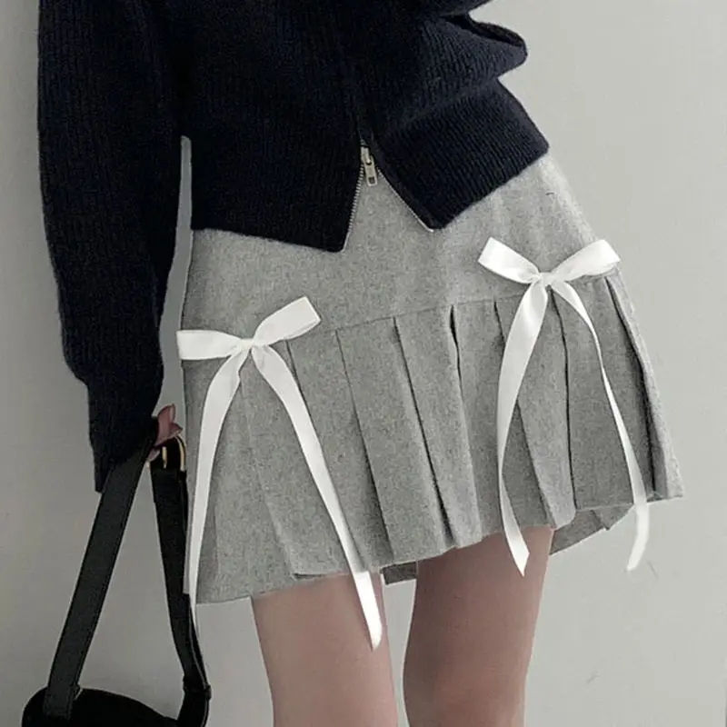 Pleated Woolen Skirt High Quality Bow High Waist Cute Double A-Line Mini Skirts Preppy Style Sweeet Girls Streetwear Skirt