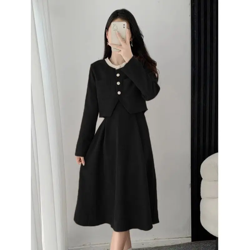 Two Piece Set for Women French Style Vintage Corduroy Luxury Chic Short Jackets Female Sweet High Waist Solid Elegant Midi Skirt