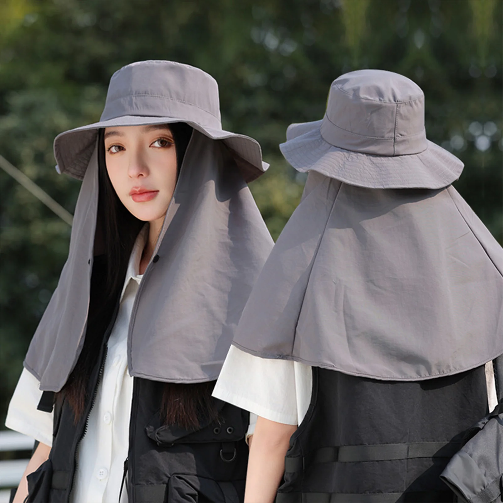 Damen-Sonnenhut, einfarbig, Bucket Hat mit Nackenschutz, UV-Schutz für draußen, breite Krempe, für Reisen, Urlaub, Strand, Spielen