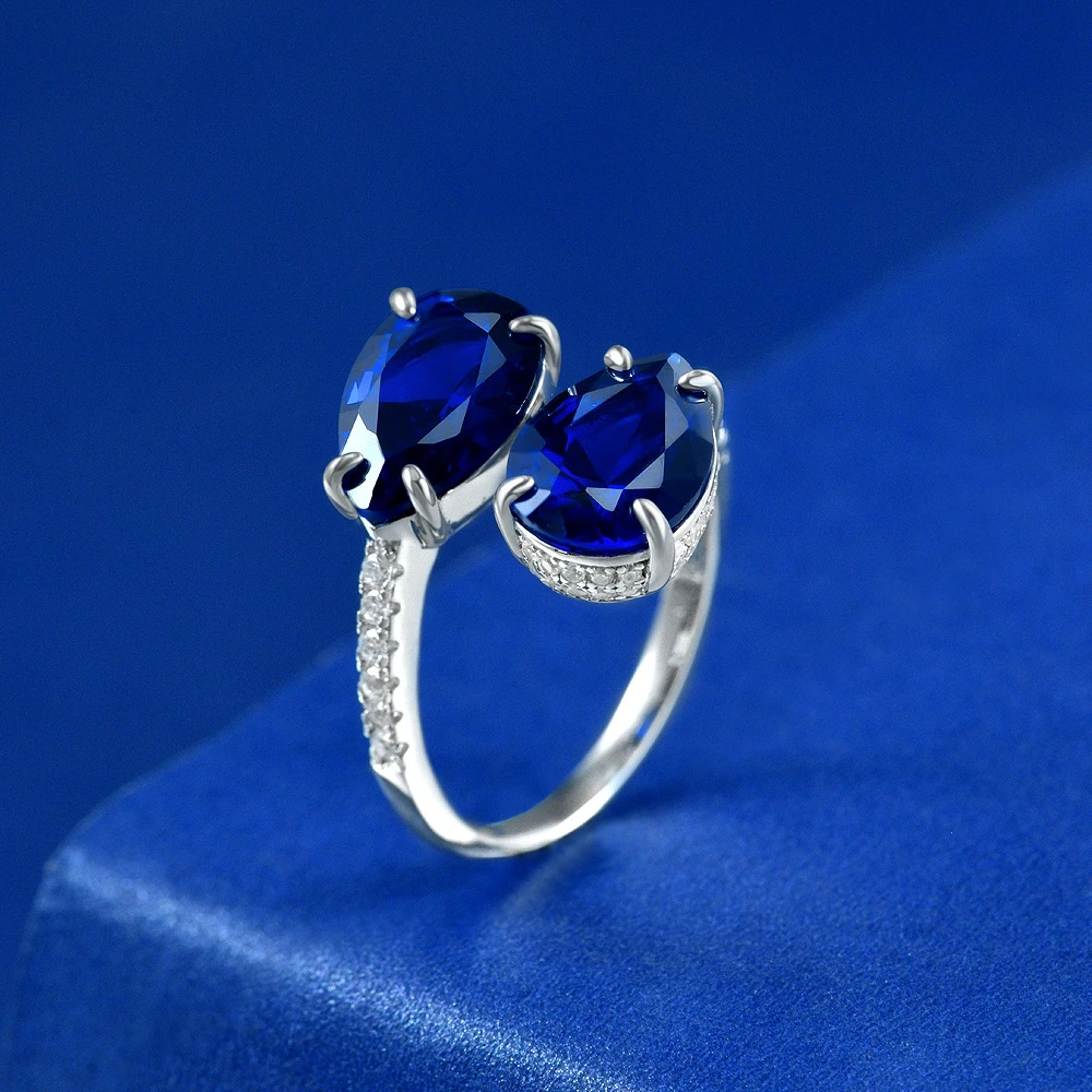 Wong Rain 925 Sterling Silver Pear Cut Lab Sapphire High Carbon Diamonds Gemstone Open Adjustable Rings Fine Jewelry Wholesale