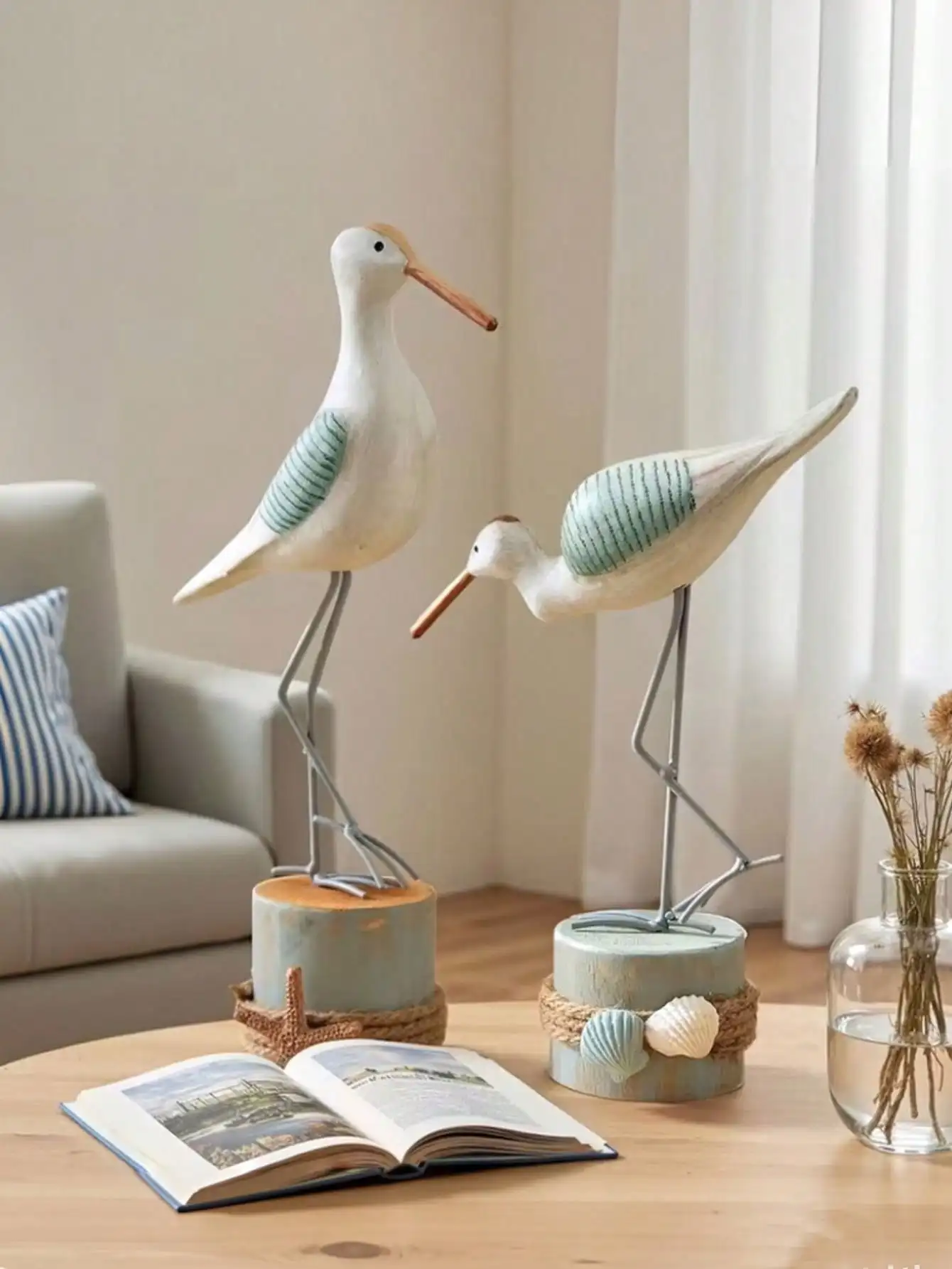 Set Of 2 Hand-Carved Wooden Seagull Decorations, Mediterranean Ocean & Nautical Themed Table Centerpiece – Tree Stump Shaped Seabird Tabletop Ornaments, Beach-Style Home Decor For Living Room, Bird-Themed Party Decorations, Housewarming Gift