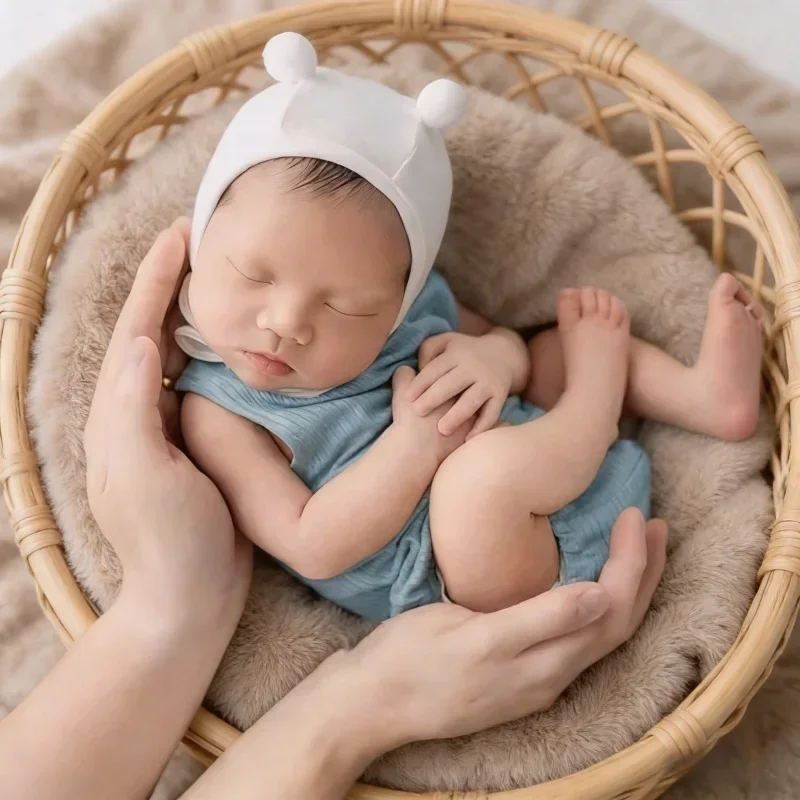 2Pcs Newborn Photography Props Infant Studio Shooting Outfit Hat Jumpsuit Baby Photo Shoot Matching Clothing Accessories Kit