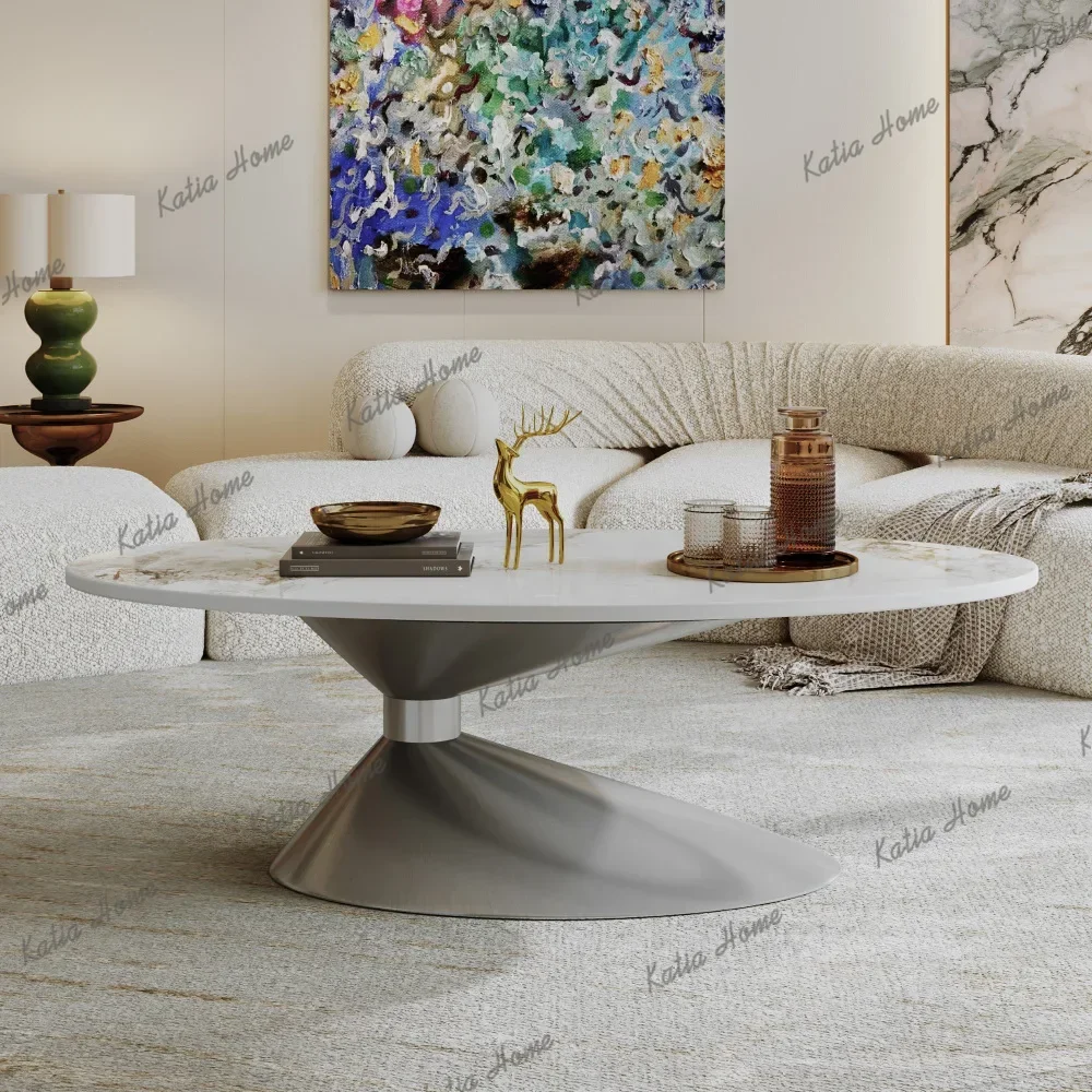 LS49.2" Faux Marble Oval Coffee Table, Contemporary Stainless Steel Base, Modern Center Table for Living Room Café Furniture FYC