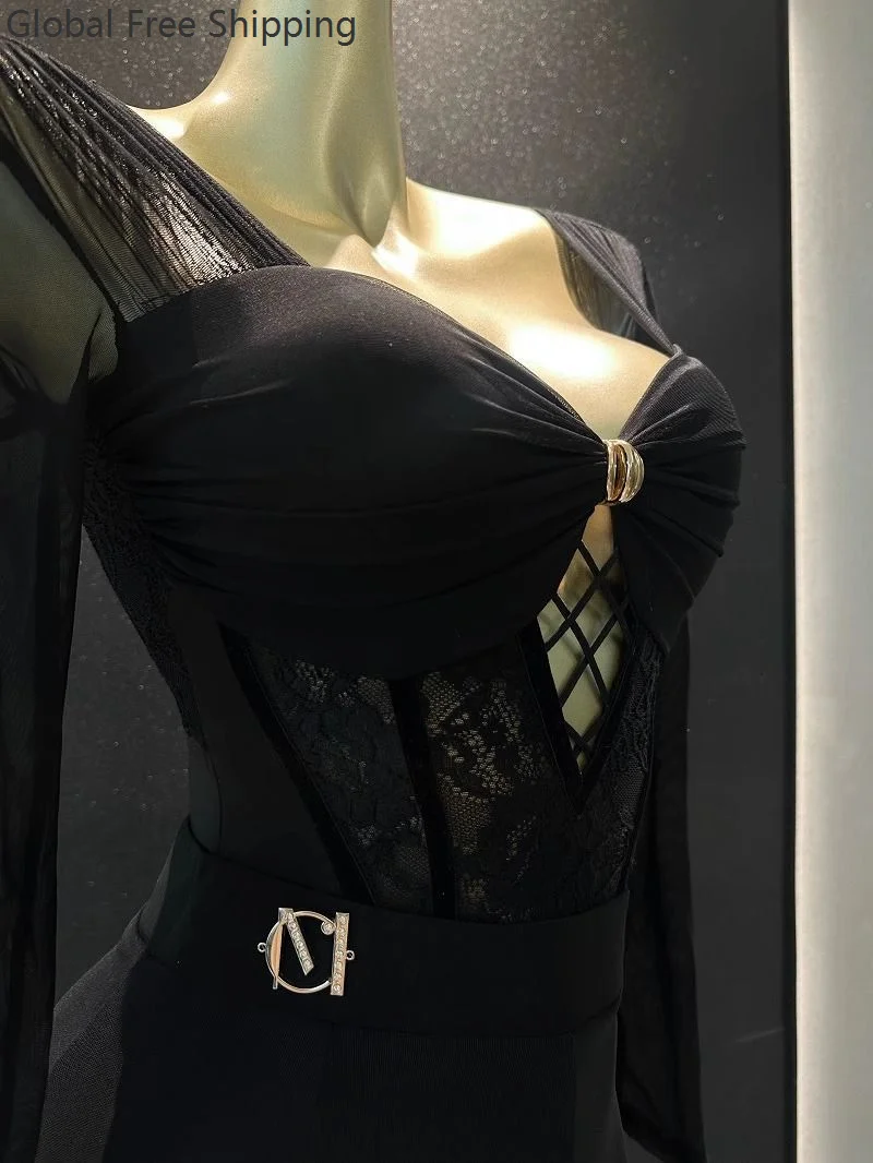 طقم فستان رقص لاتيني للسيدات أداء أسود مثير من الدانتيل الشبكي بدلة سبليت تشاتشا رومبا ملابس ممارسة الرقص اللاتينية للبالغين 2026