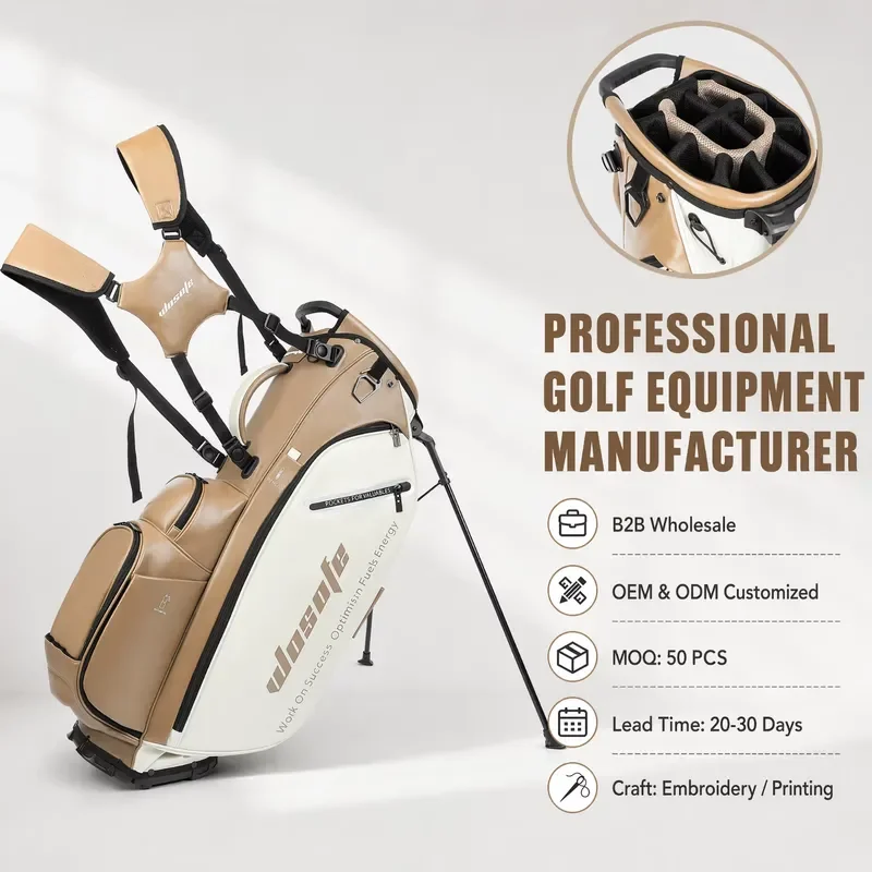 Lightweight Golf Stand Bag 14 Way Top Divider Dual Strap PU Leather Club Carry Bag with Multiple Pockets for Men Women Travel