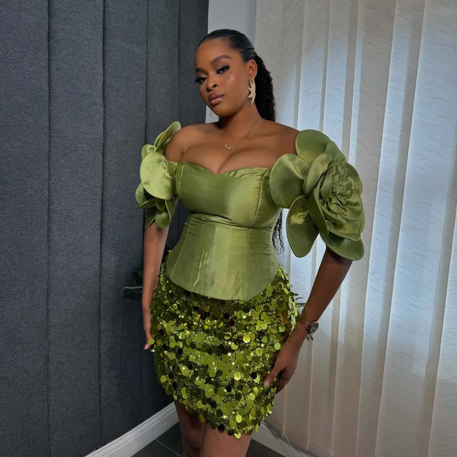 

Aso Ebi Style Prom Dresses Short 2 Pieces African Outfit 4 Options Sequin Skirt Corset Flower Top Wedding Party Dress Event Gown