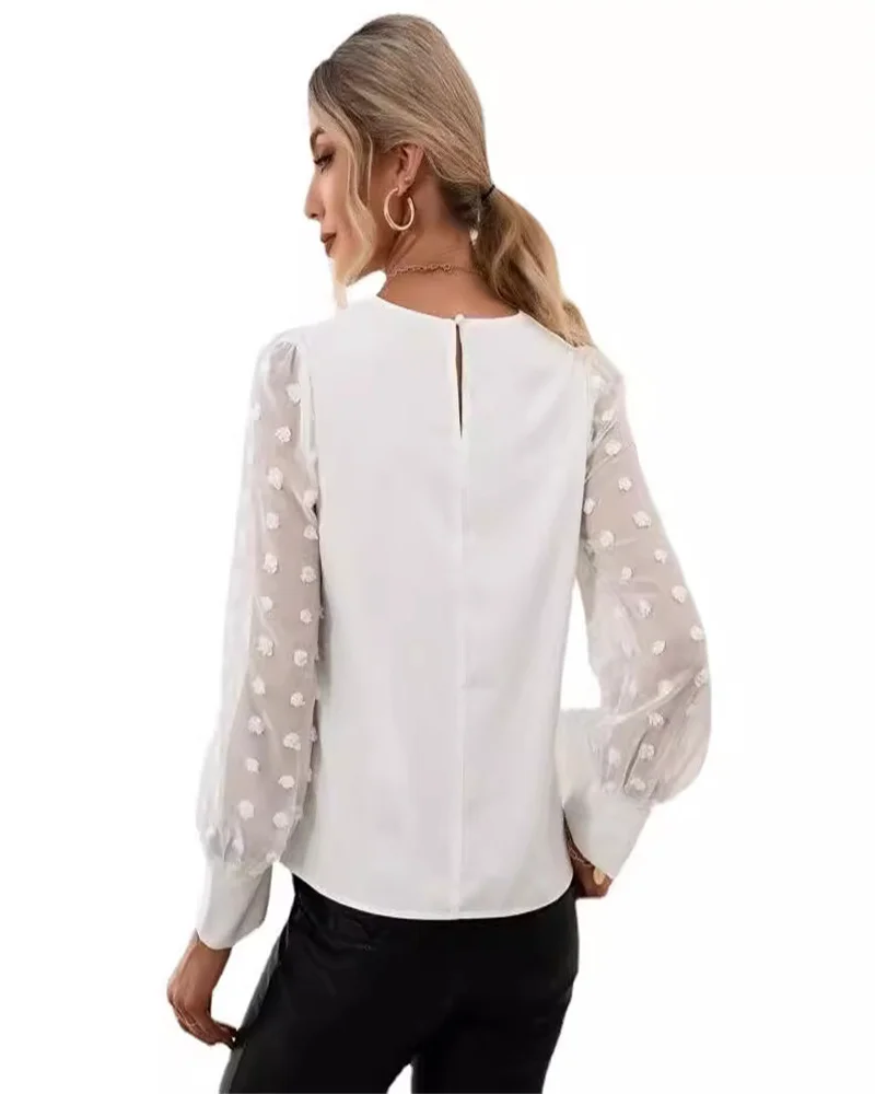 Spring and summer fashion all-match solid color round neck long sleeve T-shirt lace sleeve casual top