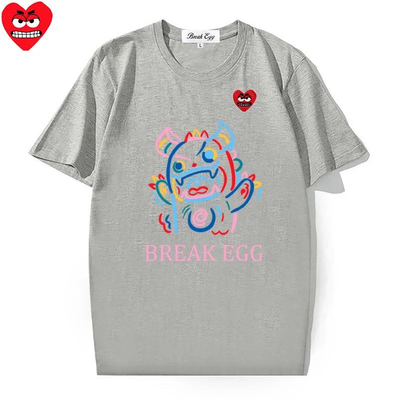 Calf Printing Women Men T-shirt Cotton Cute Snag Heart Embroidery O-neck Short-sleeved Straight Summer T-shirt