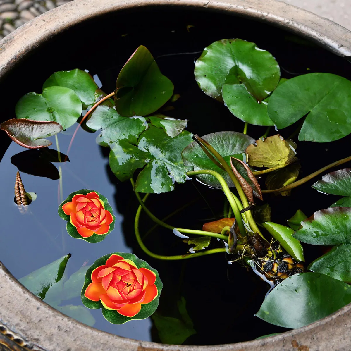 6Pcs Artificial Water Plastic Floating Flowers for Pond Pool Garden Home Decor Deep Green Veined Leaves Indoor