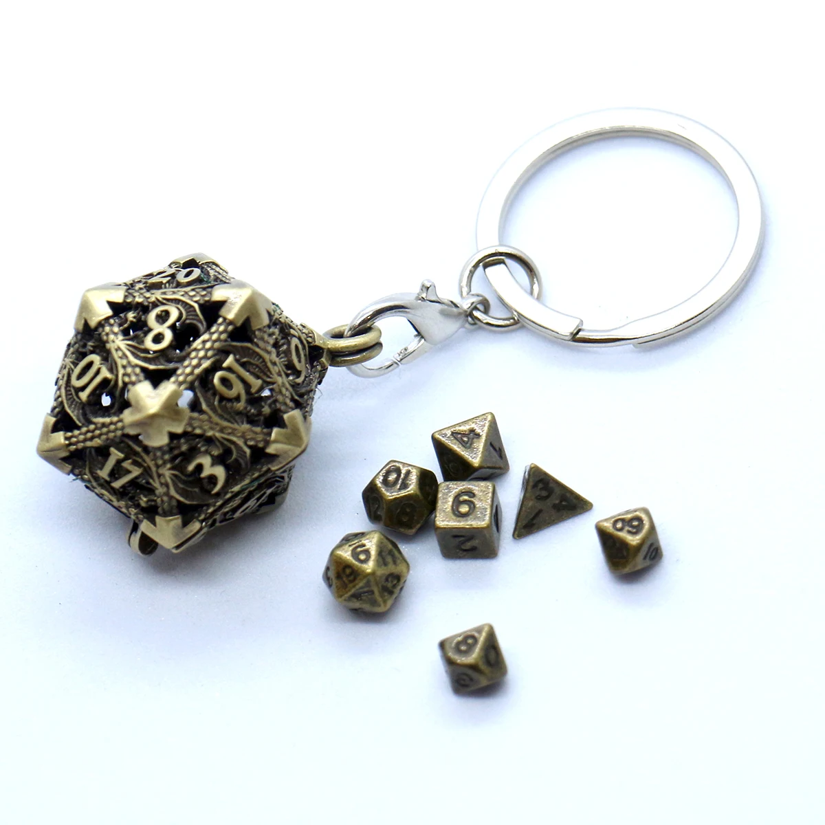 D20 Hohlbox aus Metall + 7-teiliges Würfelset aus Metall, tragbares Brettspielwürfel-Mini-Set – Detail 5