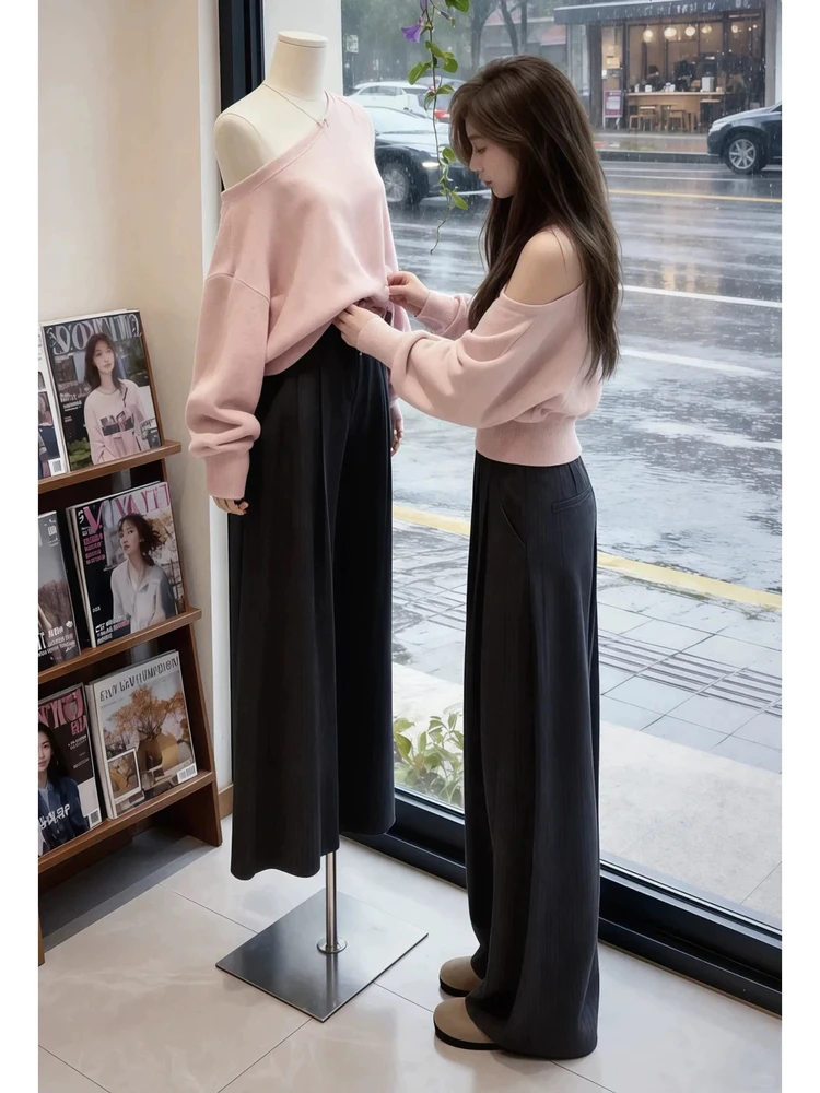 

Fall Winter Korean Sle Chic oulder Bared Knitted Sweater High Waist Wide Leg Pants Two Piece Set Long Sve Polyester Fiber