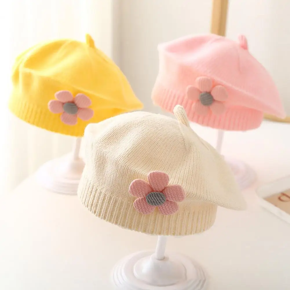 Solid Color Winter Beanie Girls Cozy Winter Beanie Children's Knitted Winter Hat with Flower Decor Anti-slip Elastic for Daily