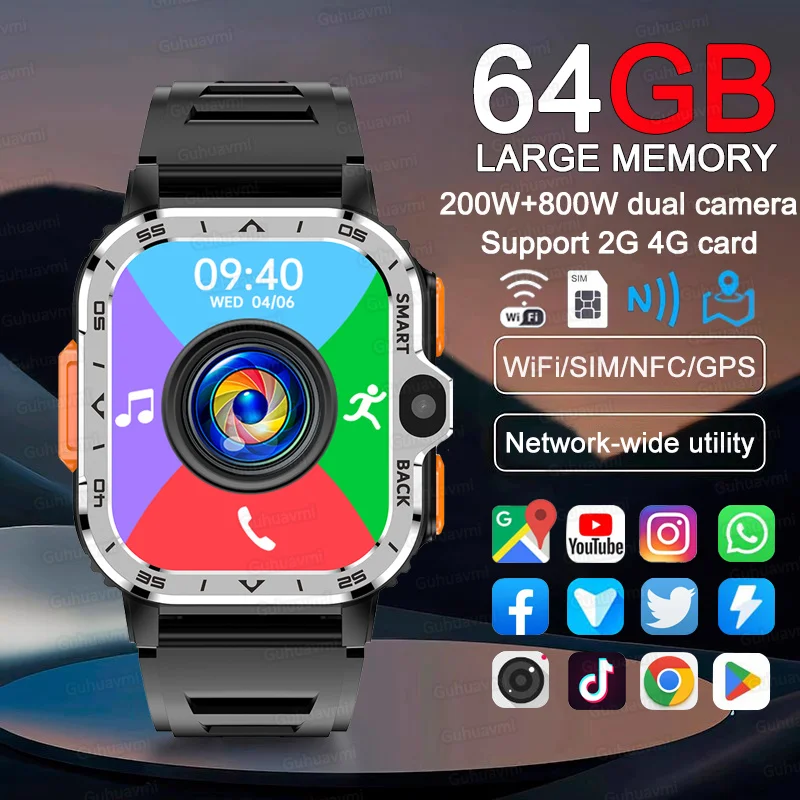 2024New 64/16GB RAM Android Smartwatch 800W HD Dual Camera GPS NFC 2G 4G SIM Card WiFi BT Call Waterproof Heart Rate Smart Watch