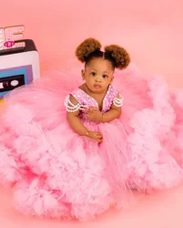 Pink Flower Girl Dress For Wedding Beaded Pearls Tulle Puffy Floor Length Princess Kids Birthday Party First Communion Ball Gown