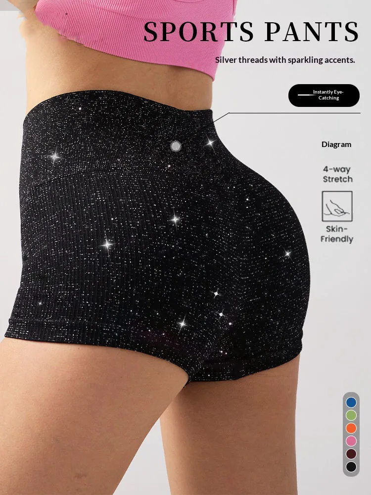 Shorts de Yoga de Cintura Alta para Mujer, Shorts Ajustados con Hilo Plateado, Leggings Sexys para Hacer Ejercicio en el Gimnasio, Pantalones de Yoga de Tres Puntos que Realzan la Figura