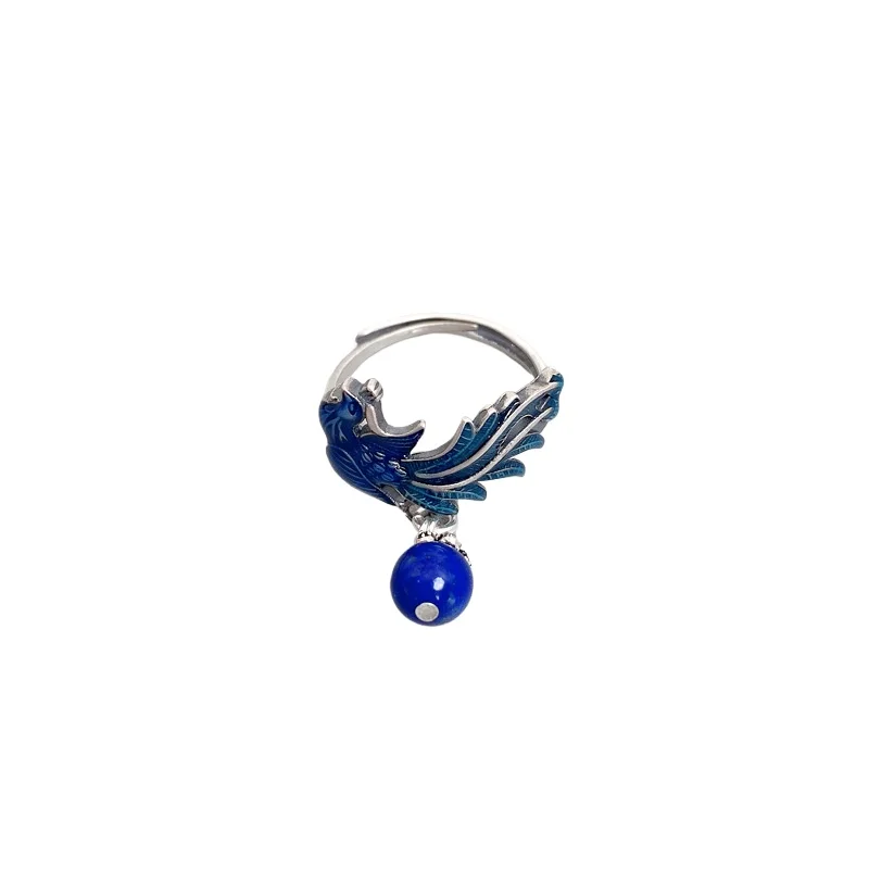 

925 Sterling Silver Blue Phoenix Tassel Ring Retro Vintage Lapis Lazuli Bead Bird Adjustable Rings Chinese Style Women Jewelry