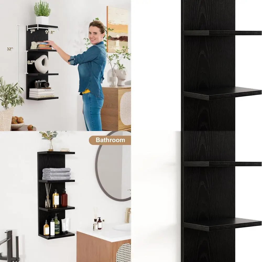 

Вертикальная 4-ярусная плавающая настенная полка, черная, для домашнего декора и хранения в гостиной, спальне