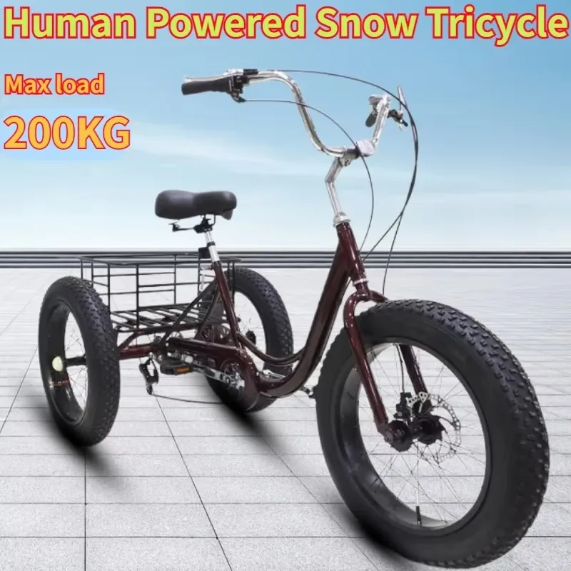 New 20-inch Fat Tire 7-speed 3-wheel Bicycle High Carbon Steel Adult Snow Tricycle Double Disc Brake Elderly Travel Basket Cart