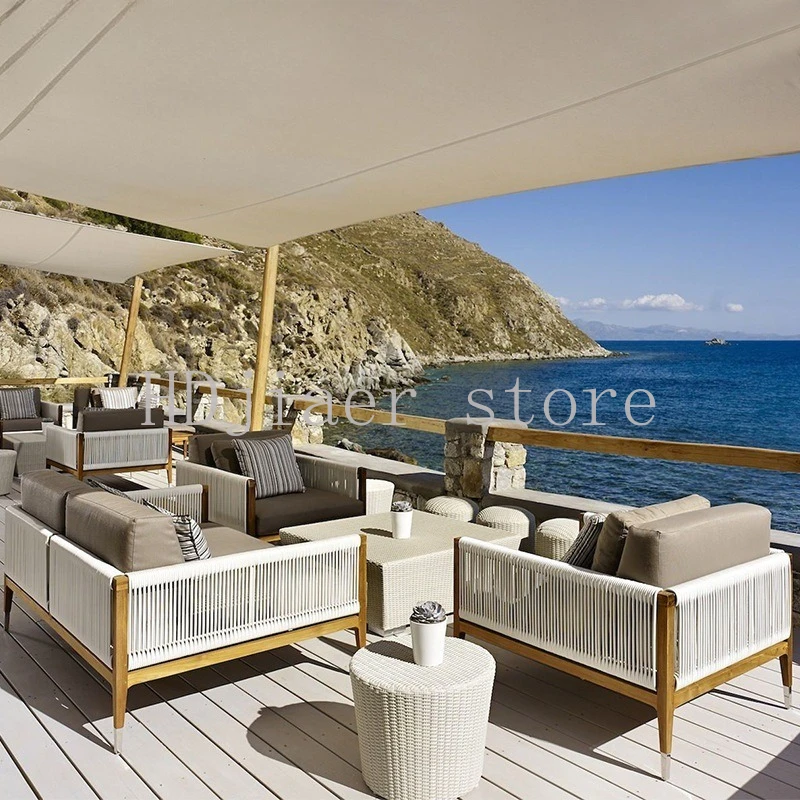 

Outdoor Teak Rattan Sofa Set: Waterproof Rope Weaving Patio Furniture for Garden/Balcony/Villa Lounge