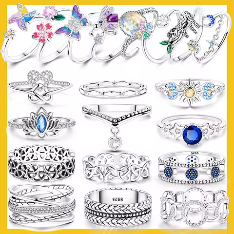 New 925 Sterling Silver Rings Blue Zircon Star Ring Original 925 Flower Ring DIY Women Jewelry Gift