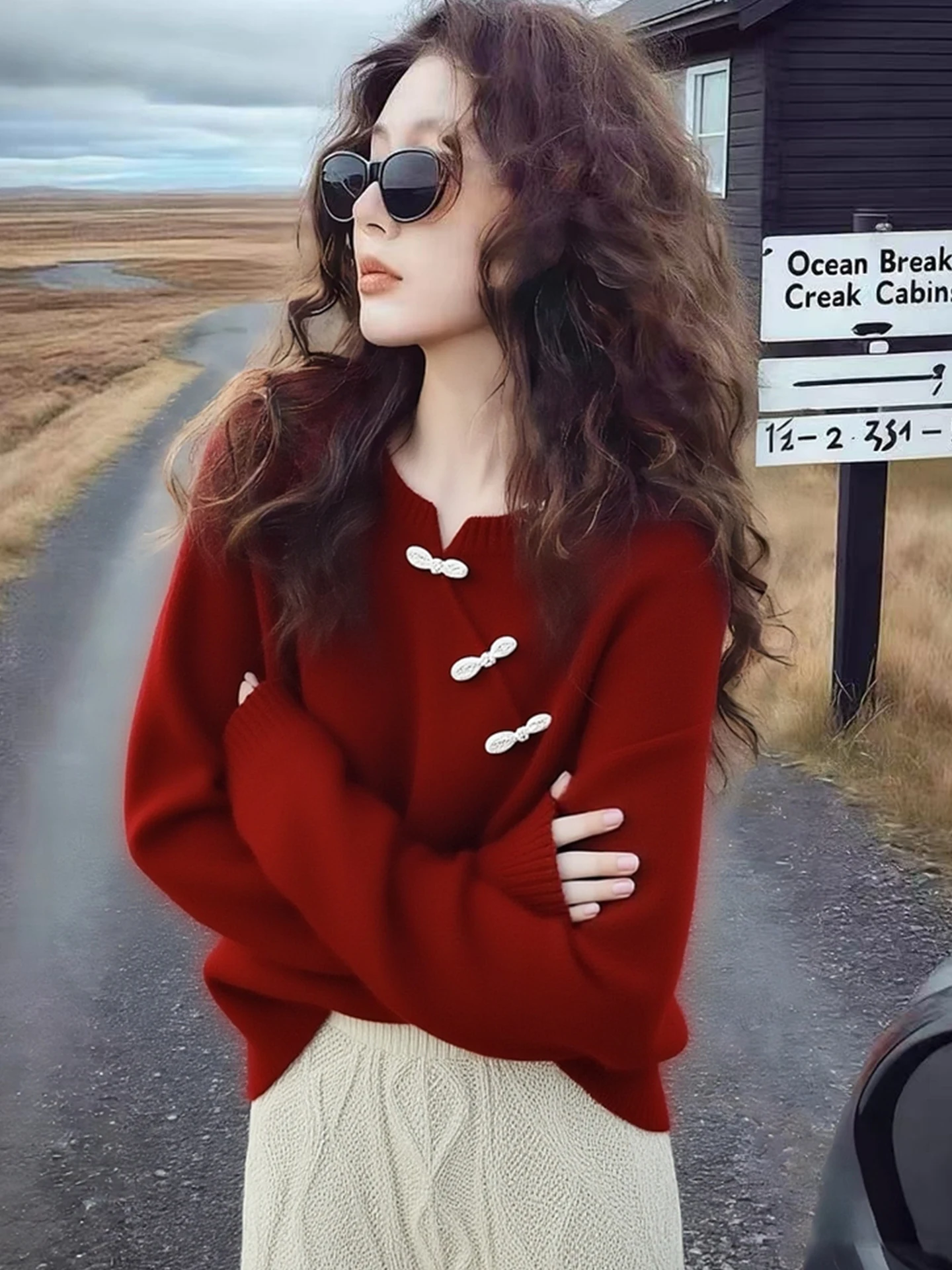 

Faionable Red Knitted Sweater with Button Detail Long Sve Winter 2026 Korean Sle New Year Top Women's Casual Wear