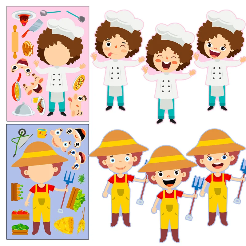 6-24sheets Occupation Cognitive Make A Face Stickers For Toddlers DIY Farmer Teacher Firefighter Jobs Sticker Kids Puzzle Toys