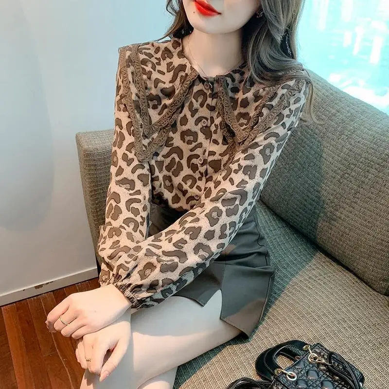Moda leopardo rendas retalhos blusa manga longa botão all-match tendência camisa topos primavera outono elegante coreano roupas femininas