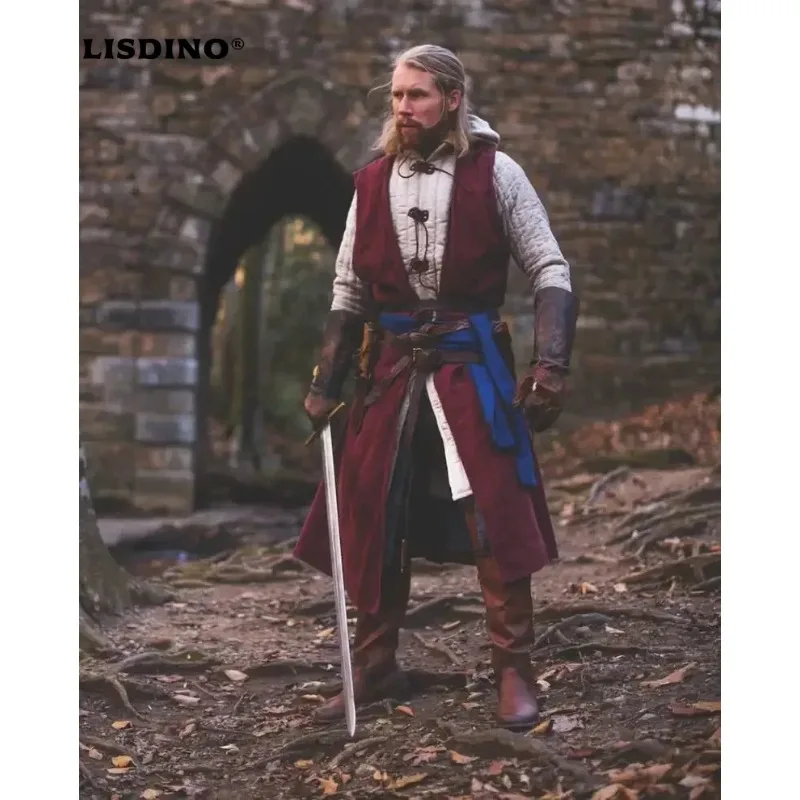 

1Open Front Halloween Surcoat Linen Medieval Overgarment Celtic Robe with Hood Viking Cape, Renaissance Cosplay LARP Costume