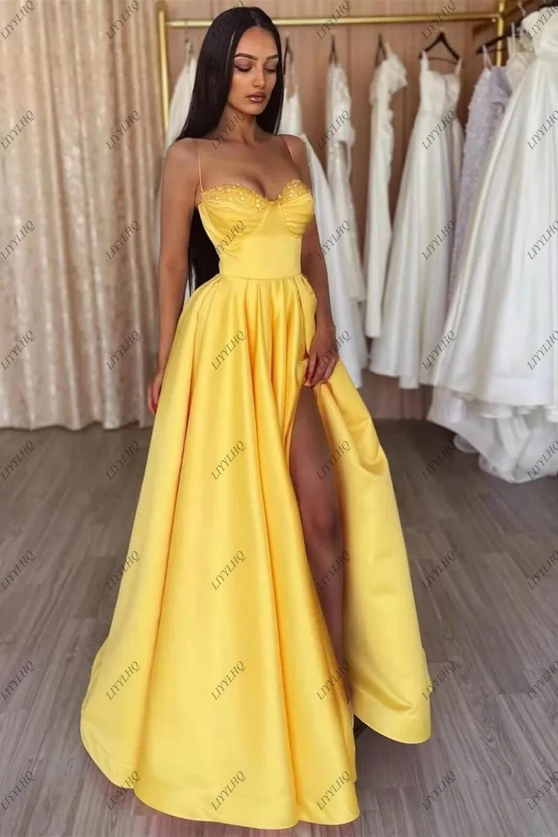 Vestido de noche amarillo con abertura, traje Formal con tirantes finos, cuentas, corte en A, abertura alta, vestidos de cóctel de noche