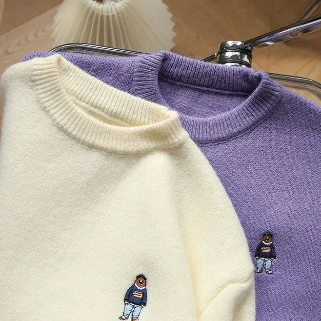 Suéter de punto de oso lindo para mujer, suéter coreano Kawaii, suelto, cálido, básico, de manga larga, Preppy sólido, Tops que combinan con todo,