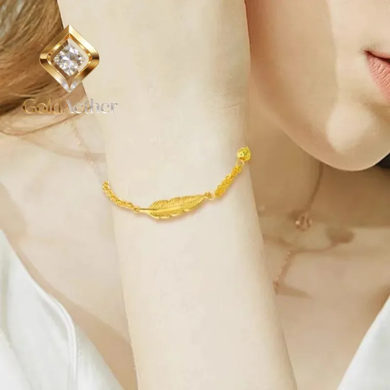 

GoldAether Luxury 24K 9999 Pure Gold real gold Women's Feather Bracelet Light Luxury Feather Bracelet