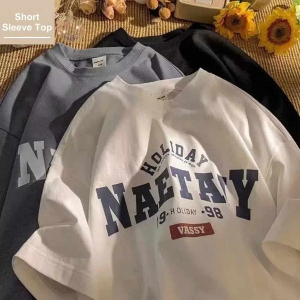 男性夏の Tシャツレタープリント半袖ラウンドルーズレトロ和風カジュアル日常着ティーンエイジャーストリート春トップ