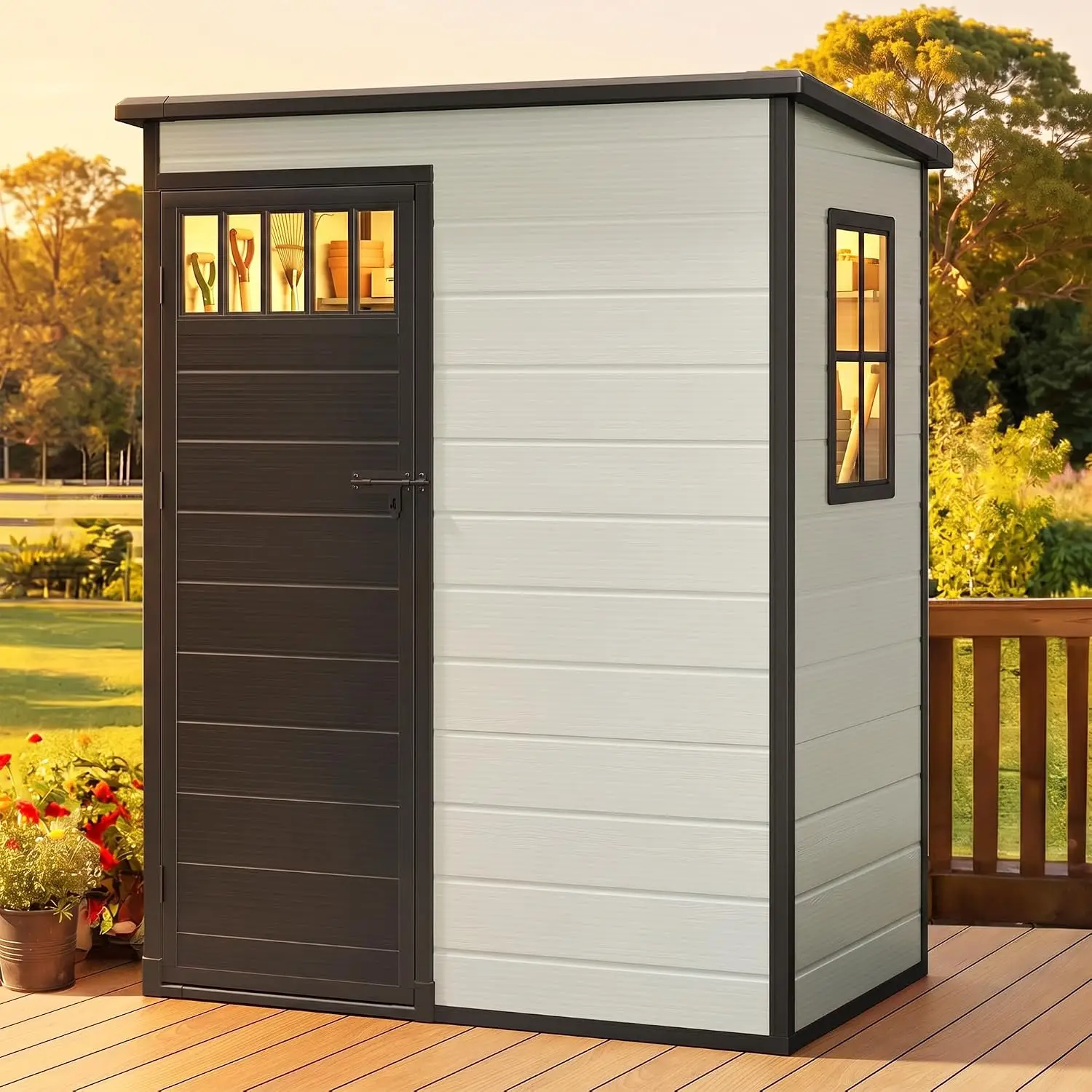 5x3FT Outdoor Storage Shed Fence Style Side Windows Floor Lockable Doors Plastic Stowage Backyard Garden Blue Gray