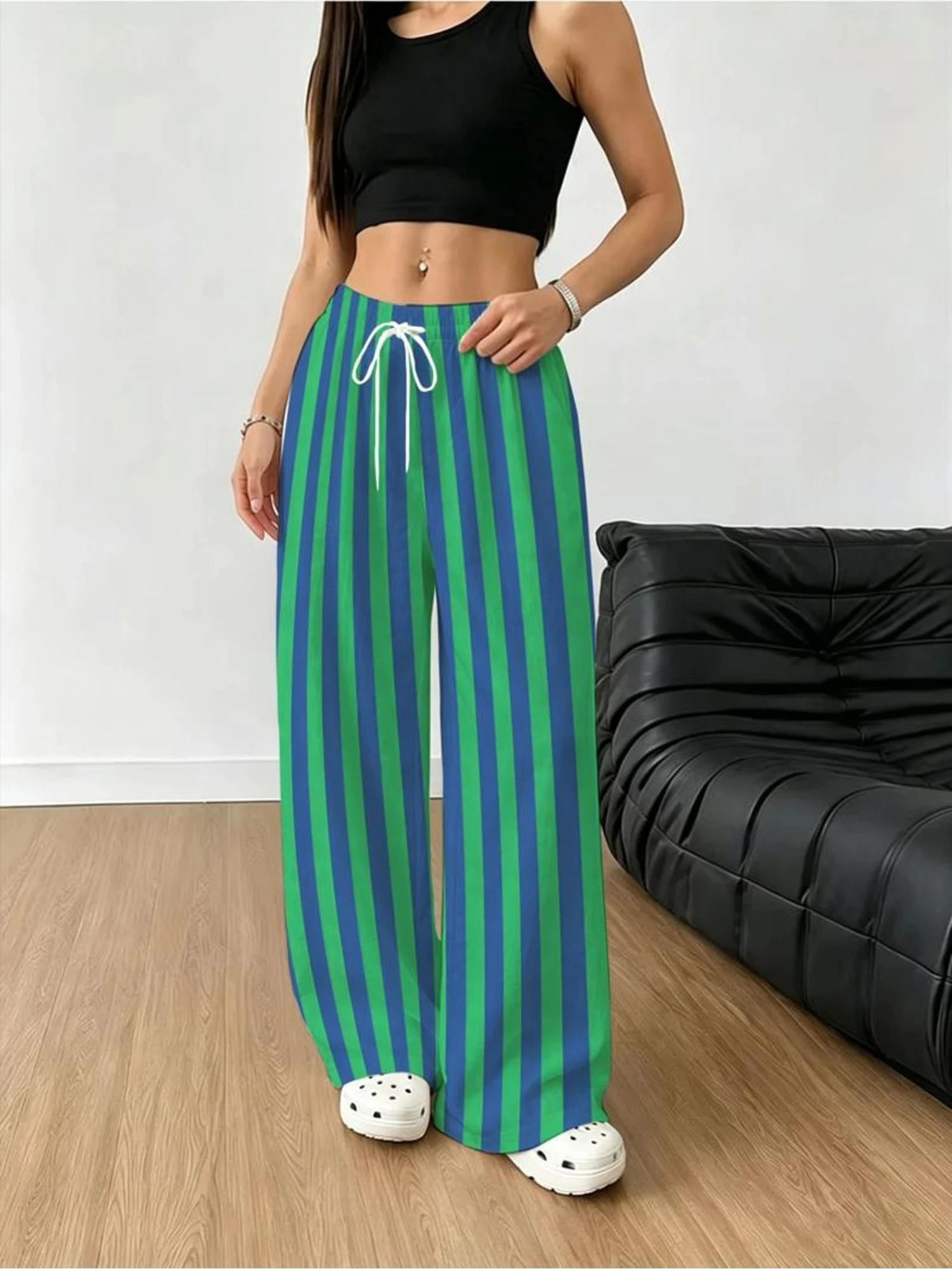 Ladies' Vertical Striped Printed Casual Wide Leg Pants, Lightweight, Breathable, Oversized, Loose and Versatile Pants