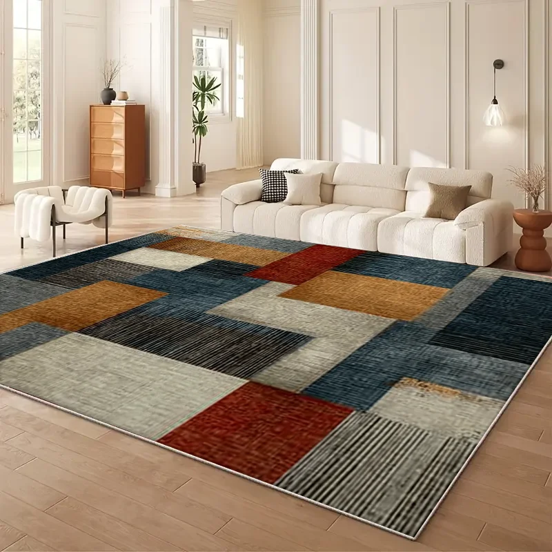 Moderner, leicht luxuriöser, geometrisch kontrastierender Wohnzimmerteppich, pflegeleichter Retro- und Vintage-Teppich mit texturierter Oberfläche.