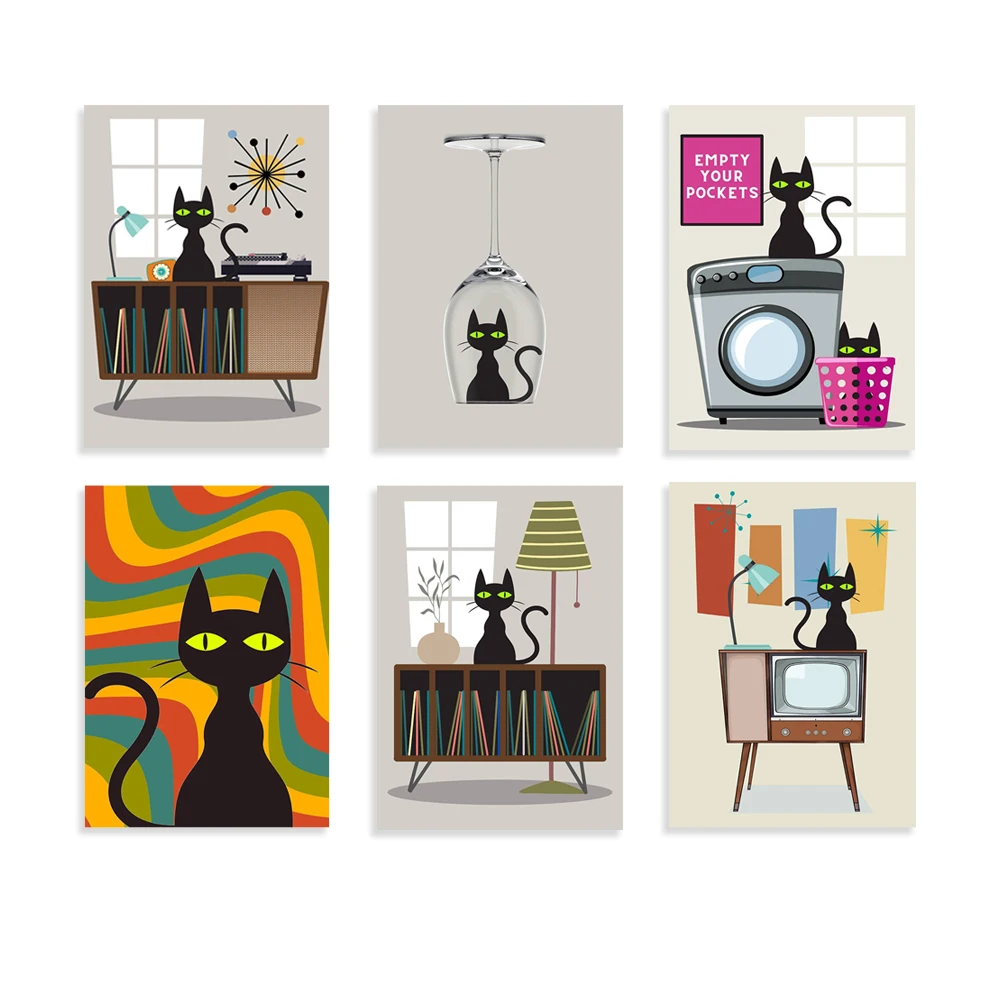 Mid Century Modern Art Print, Cat Wall Print, Cat Lover Gift, Retro Black Cat Art Print, Black Cat Gift Idea, Kitchen Art Print,
