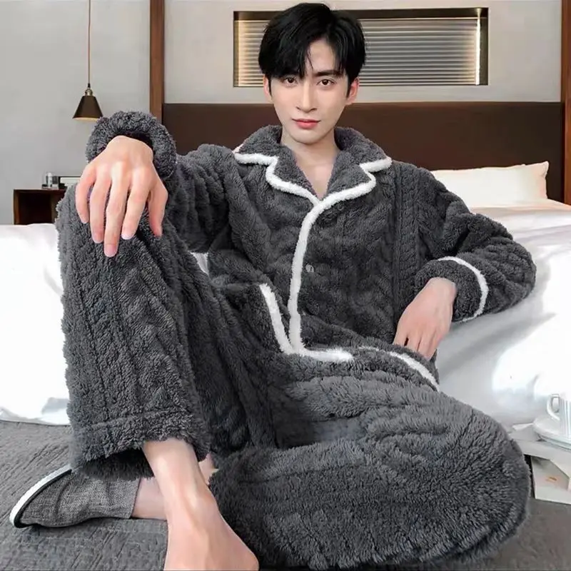 

Patchwork Pajamas for Men Fleece Winter Sleepwear Korean Sleeping Night Wear Button Pijama 2 Pcs Pants Sets Warm Home Suit 2024