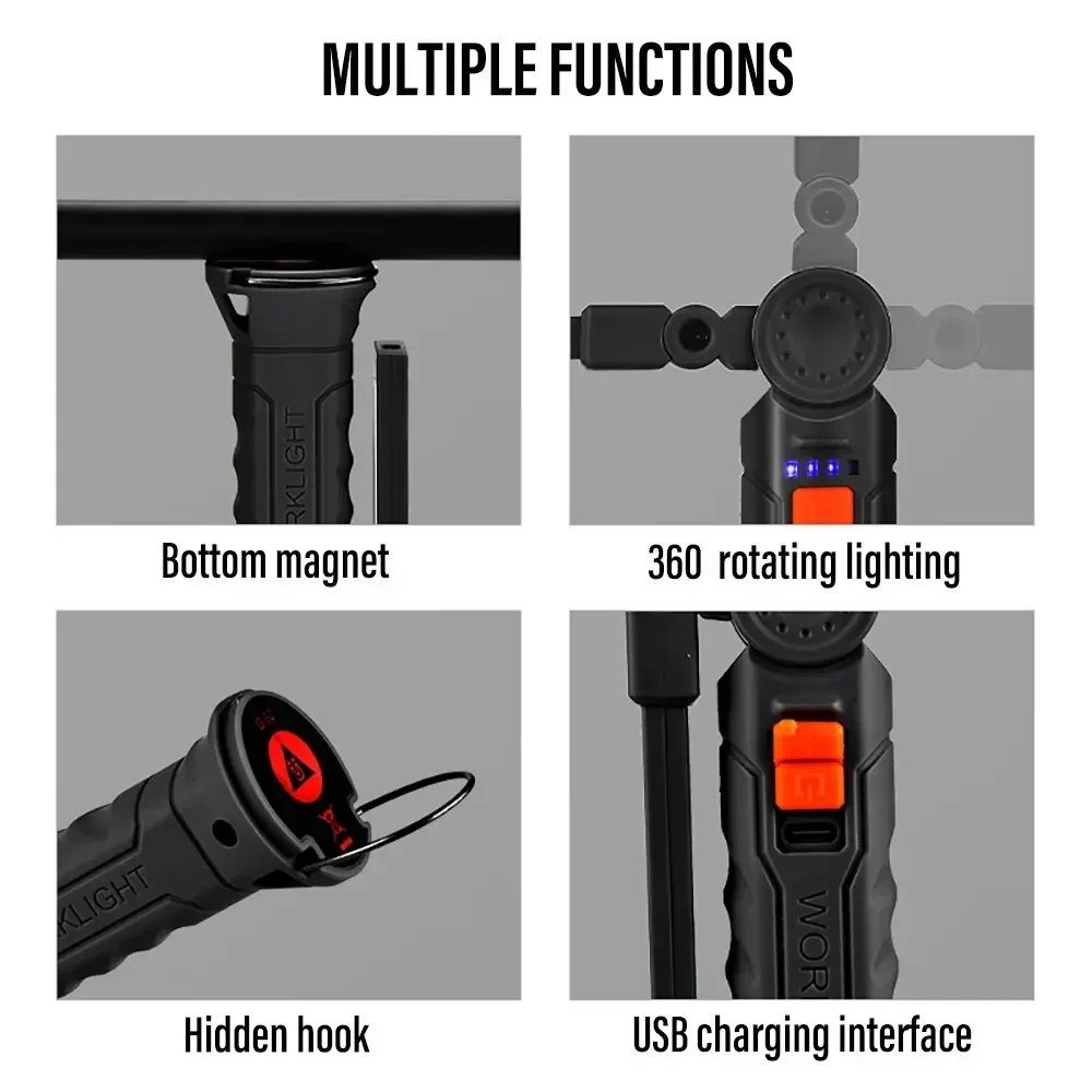 Rechargeable LED Work Light Camping Flashlight Rotatable Head with 4 Lighting Modes With Magnet Waterproof Emergency Lighting