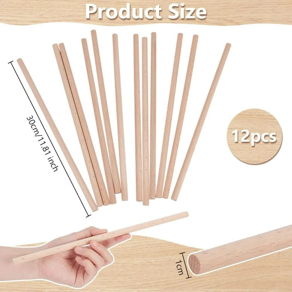 12Pcs Round Beech Wood Sticks 11.8 inch Long Unfinished Wooden Strips 10mm Round Dowels Strips Wooden Dowel Rod Natural Wood