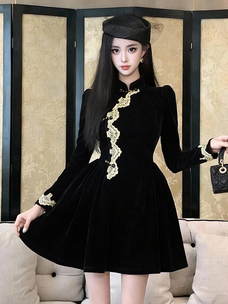 Elegantes schwarzes Samt-Minikleid für Damen im chinesischen Stil mit Stehkragen, Spitzenbesatz, schmaler A-Linie für Partys, formelle Anlässe, Alltag, Herbst und Winter