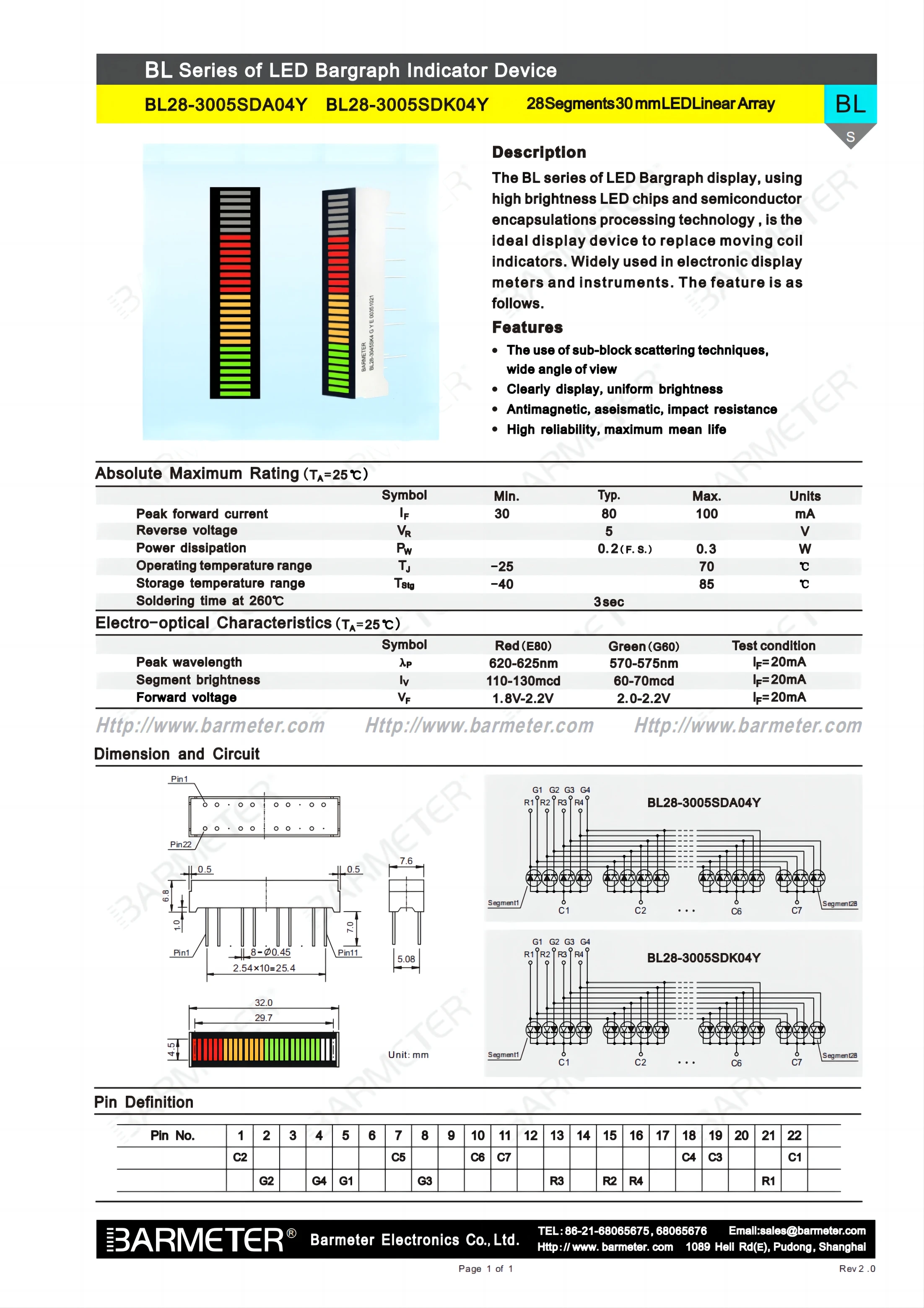 Factory Outlets--2pcs BL28-3005SA04Y Used for audio equipment display device 28segment Double color LED light bar display device