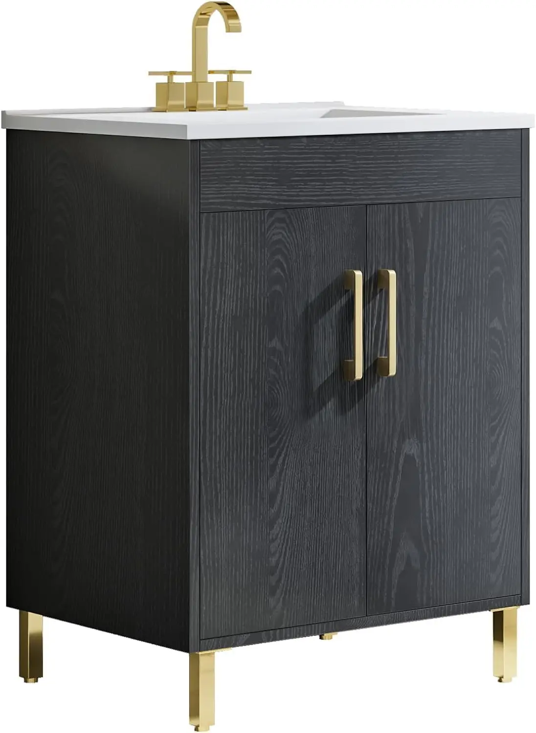 Fully Pre-Assembled Black 24 Inch Bathroom Vanity with Single Ceramic Countertop Sink Combo, 2 Soft Close Doors Bathroom Cabinet