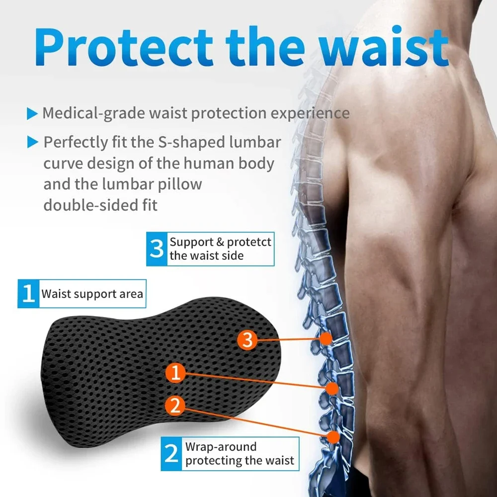 4D Mesh Lumbar Support Pillow, Ergonomic Memory Foam Waist Cushion, Relieve Lumbar Strain, Multi-scene Use for Office, Cars, Bed