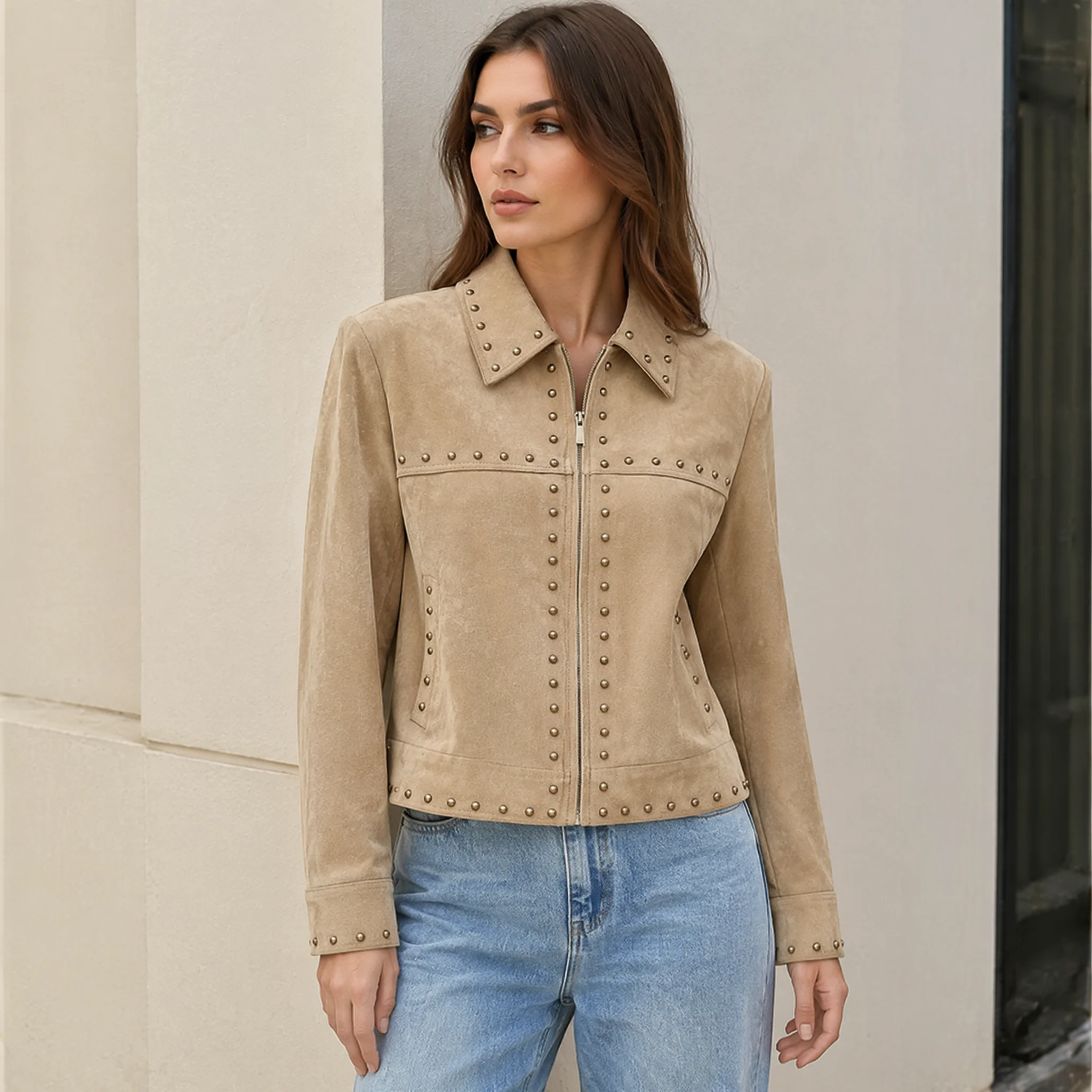 RU Women Lapel Full Zip Faux Suede Jacket All Over Metal Stud Decor Slim Fit Long Sleeve Cropped Vintage Moto Outerwear Top