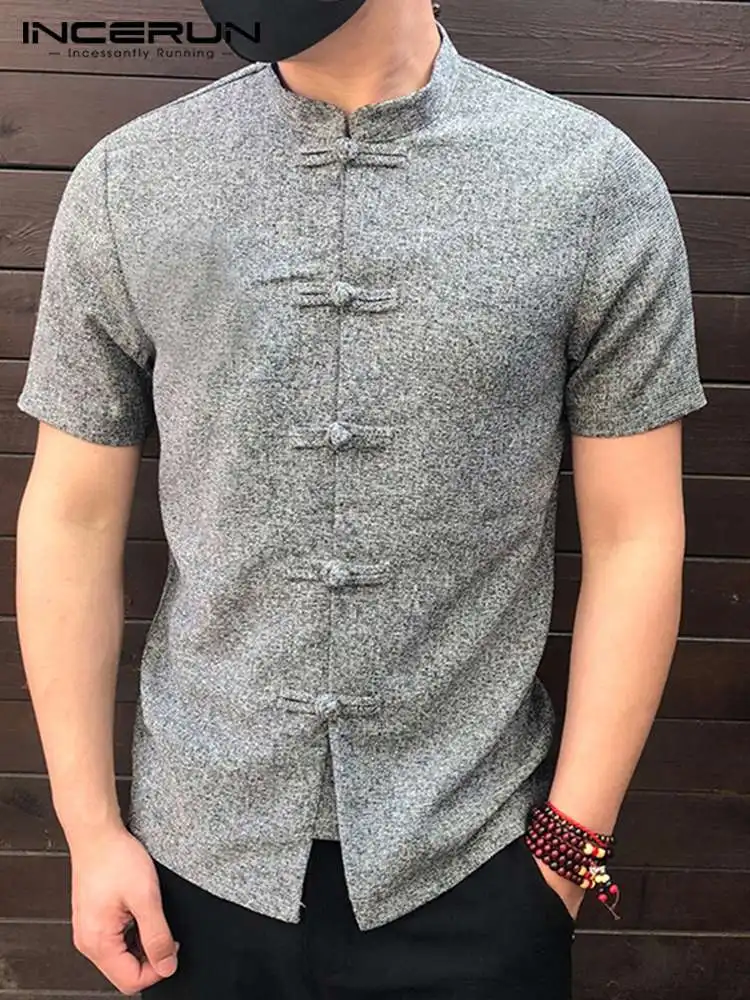 INCERUN 2023 Chinese Style Men Shirt Button Stand Collar Short Sleeve Casual Loose Tops Solid Color Vintage Tang Suit Shirts Men