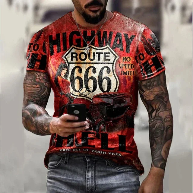 

2023 Summer Men's Printed Casual Crew Neck Short Sleeve T-Shirt Route 66 3D Printed T Shirt