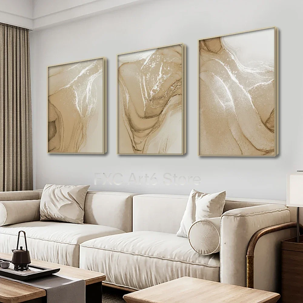 3-teiliges rahmenloses Boho Beige Marmor Abstrakte Wandkunst Poster Leinwanddrucke Bilder Moderne Wohnzimmer-Inneneinrichtung Heimdekoration