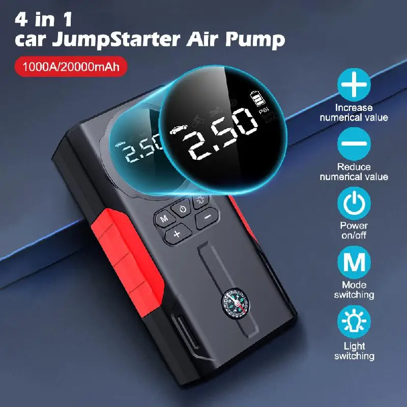 120W 1000A Car Jump Starter Power Bank 4 In 1 Air Compressor Tire Inflator 20000mAh Portable Battery Booster with LED Flashlight