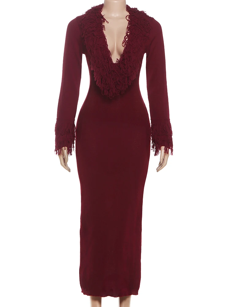 Sisterlinda ニット毛皮のようなタッセルドレス女性ディープ V ネック冬トレンドセクシーでエレガントなピーチヒップクリスマスパーティーストレッチスリムボディコン